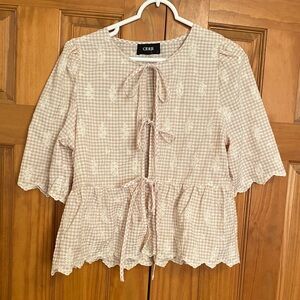 Cider Yellow Gingham Peplum Eyelet Tie Front Blouse Large